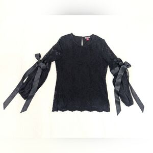 Vince Camuto Black Lace Top with Ribbon Sleeve Detail